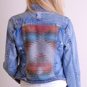 Distressed Aztec Print Denim Jacket